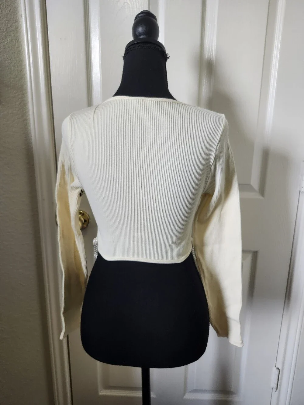 Zara Cream Ribbed Long-Sleeve Crop Top with Beaded Scallop Hem